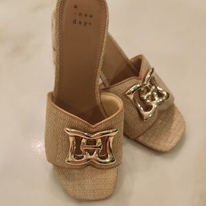 A New Day Beige Woven Mules with Gold Accent
